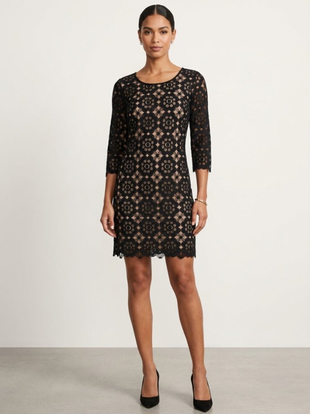 Max Edition Black Floral Crochet Sheer Mesh Lace Shift Dress Nude Lining Size L